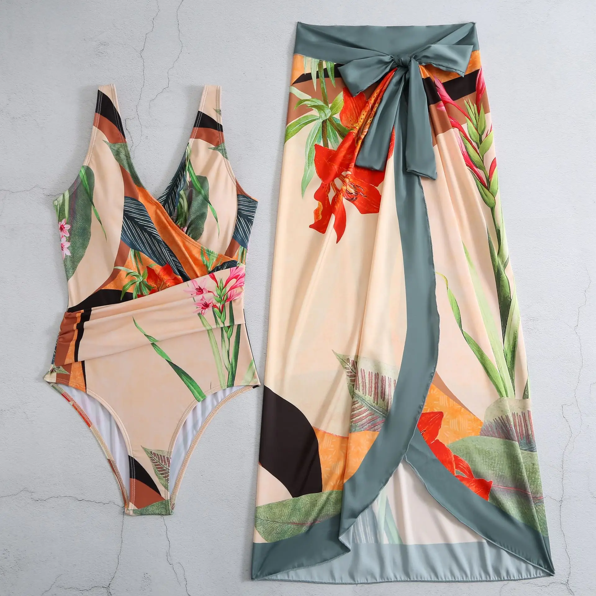 

Women's one-piece swimming solid color conservative V-neck ruffled beach vacation bikini swimsuit long skirt 2025 new style