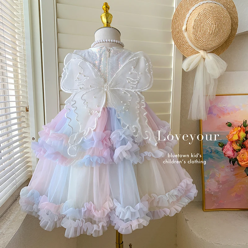 New Kids' Butterfly Tulle Princess Dress Baby Birthday Party Ball Gown With Fairy Wings Girls Ombre Ruffle Sleeveless Vest Dress