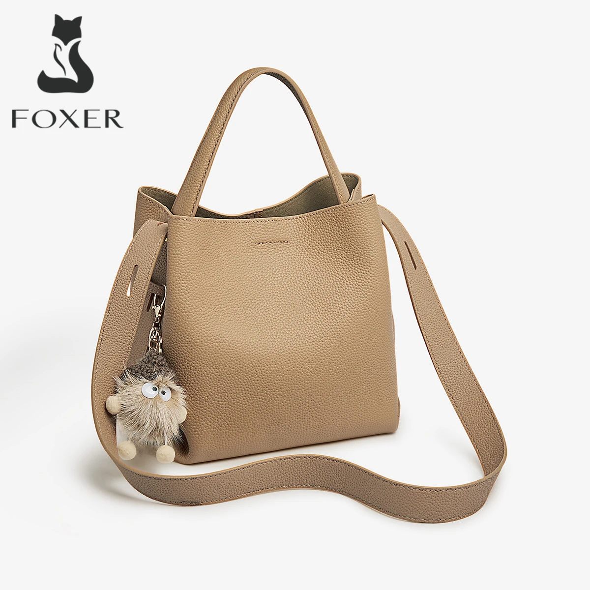 FOXER Soft Leather Women‘s Bucket Bag Simple Genuine Leather Shoulder Bag Female Casual Handbag Daily Work Crossbody Purse