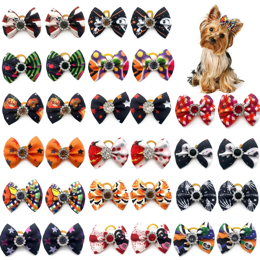 

10pcs New Halloween Style Hair Bows with Rubber Bands Colorful Puppy Dog Hair Bows for Small Dog Grooming Accessories