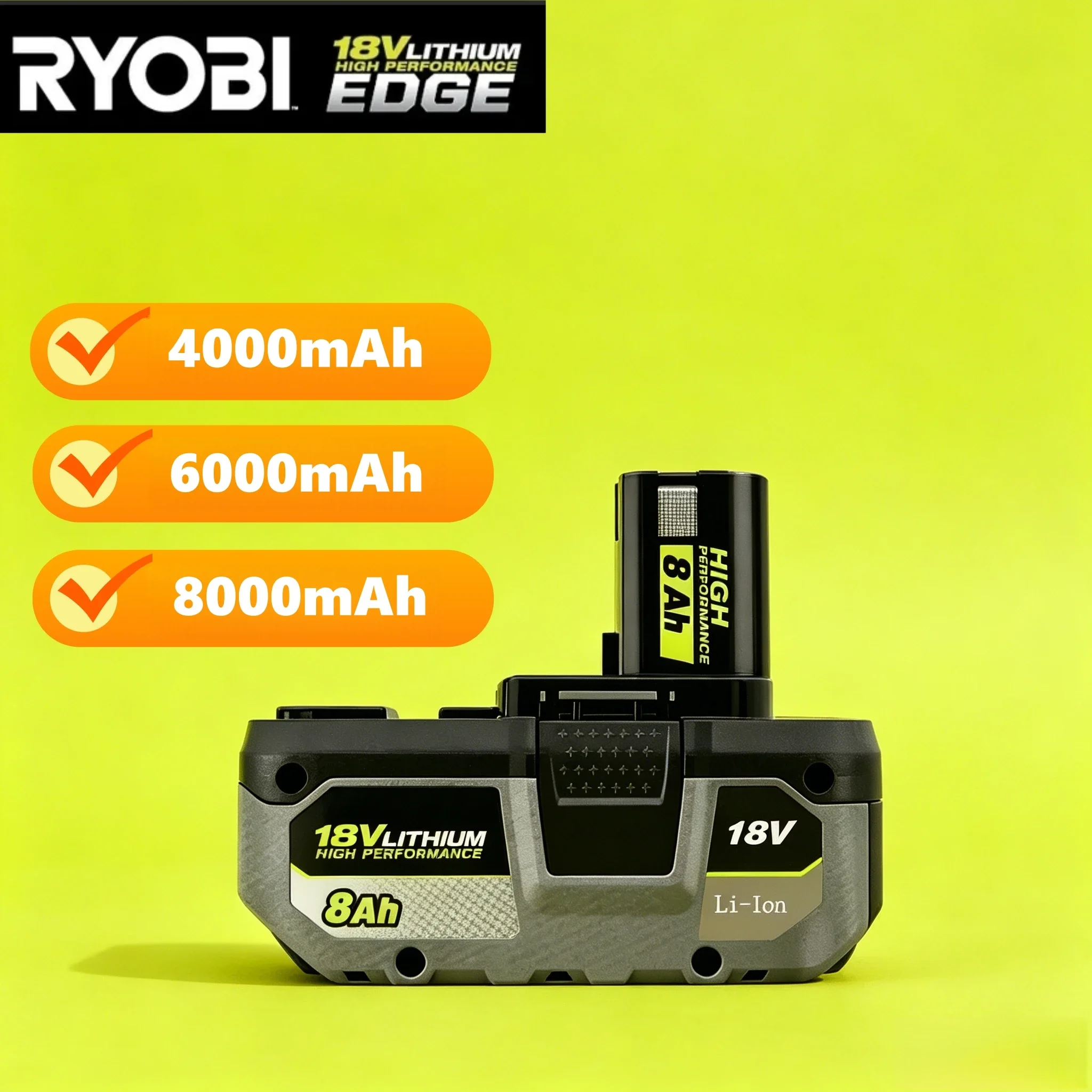 RYOBI P108 8.0Ah 6.0Ah 4.0Ah Battery Replacement 18V Li-ion for P203/P204/P210/RB18L50/L20 Fast Charge & High Capacity