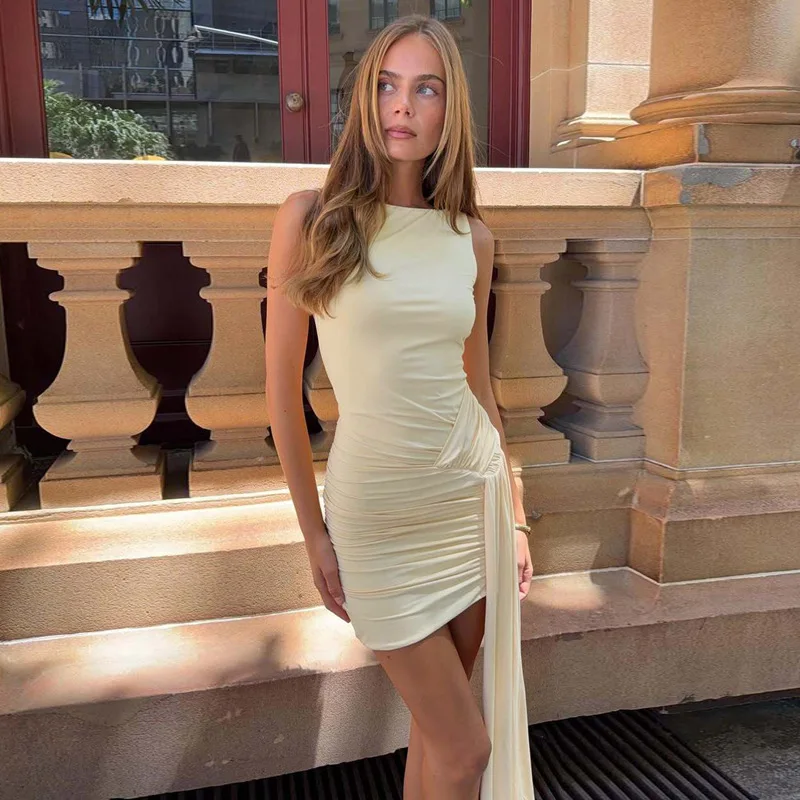 

Cross-Border Amazon Spring And Summer New Women's Clothing, Elegant Solid Color Round-Neck Sleeveless With Ribbons, Slim Fit