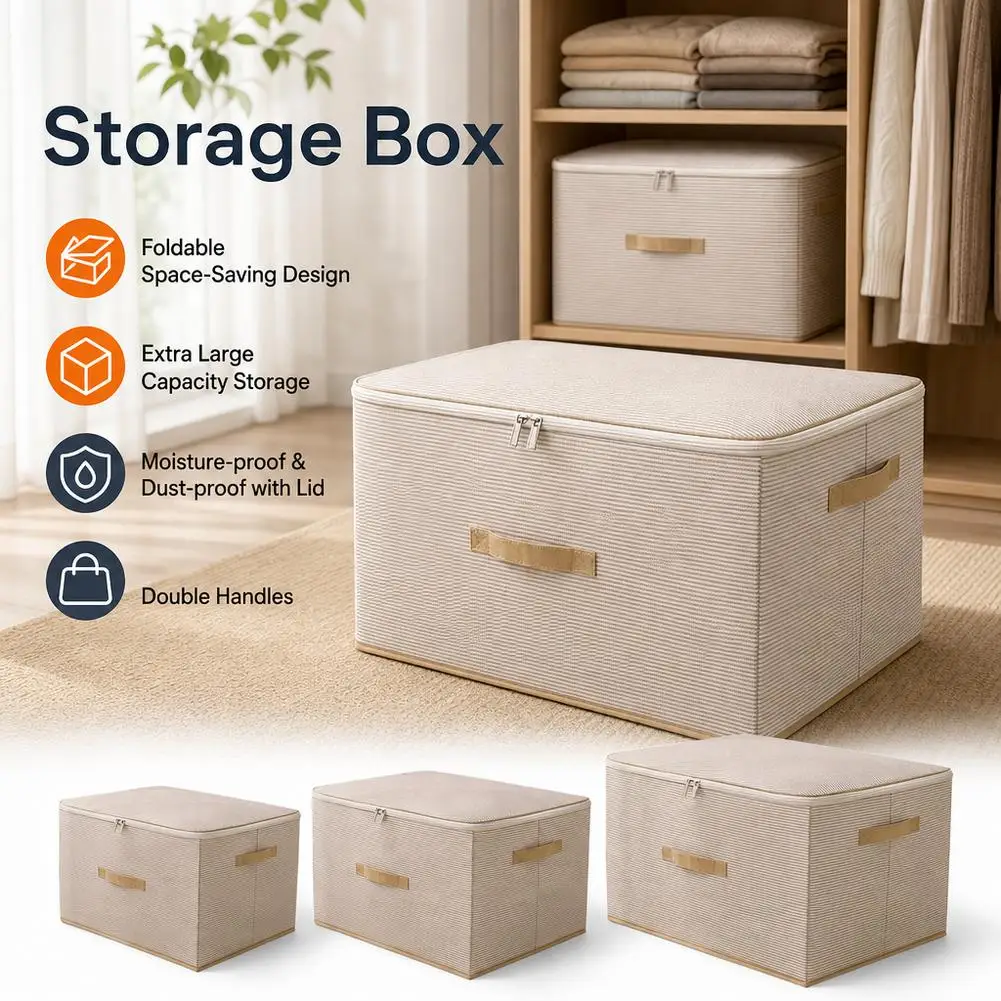 Large Household Storage Box Heavy-duty Hard Shell Cotton Linen Zipper Storage Organizer Box with Lid for Clothes Toys Blankets