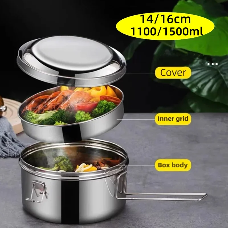 

304 Stainless Steel Bento Box 1100/1500ML Portable Leak Proof Double-Layer Picnic Box Suitable Offices Schools Round Lunch Box