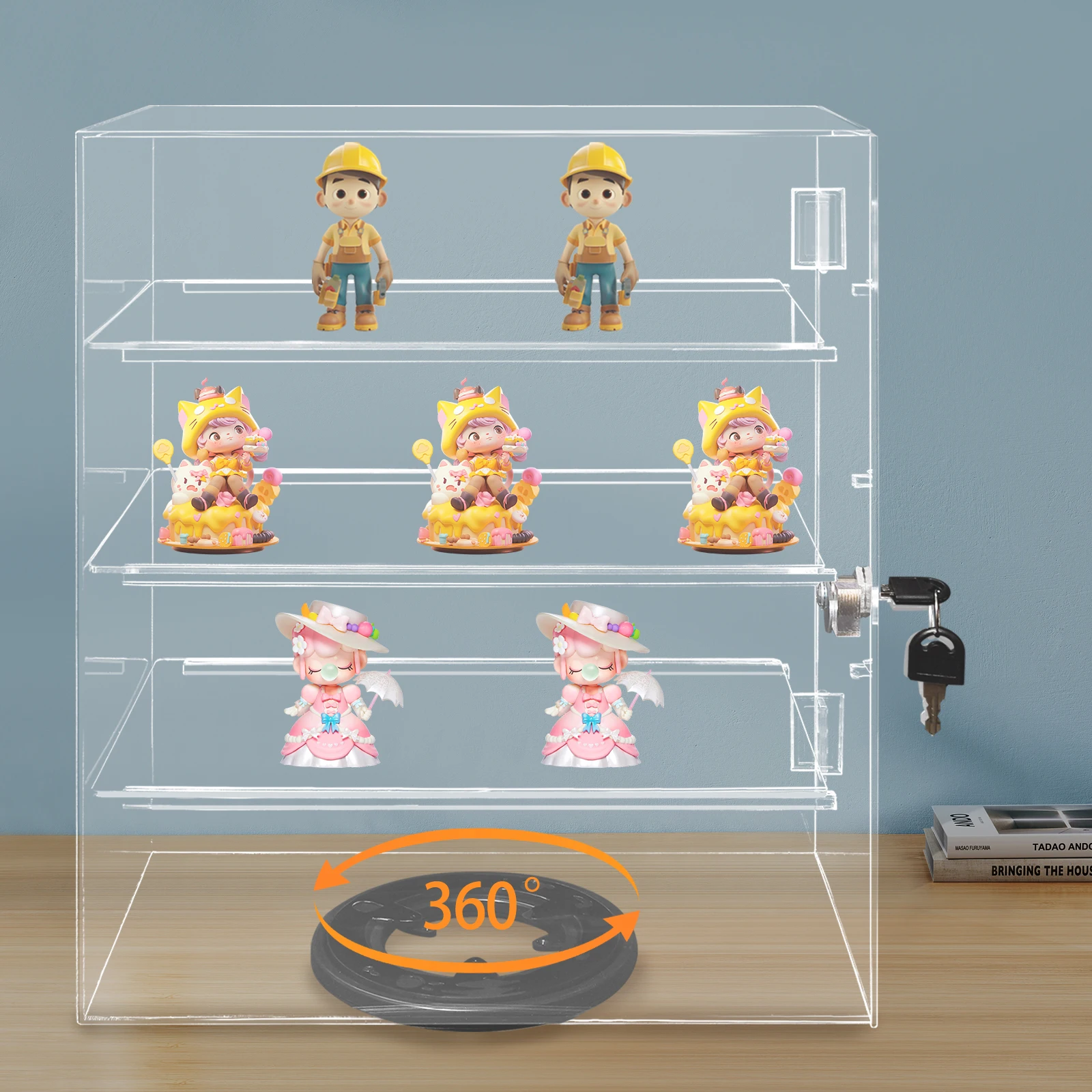 

360° Rotating Acrylic Display Case, 4-Tier Clear Display Box with Key Lock, for Sunglasses, Jewelry, and Collectibles Display