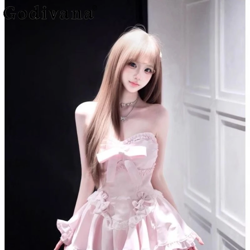 Estate nuovo dolce rosa ragazze vestono puro desiderio design senza spalline abito carino fiocco da donna vita dimagrante abito corto Lolita