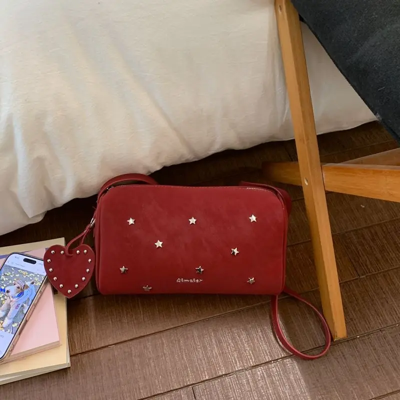 Blue Black Red Star Heart Studded Bowling Bag Cylindrical Boston Toast Bag PU Leather Crossbody Shoulder Purse for girls women