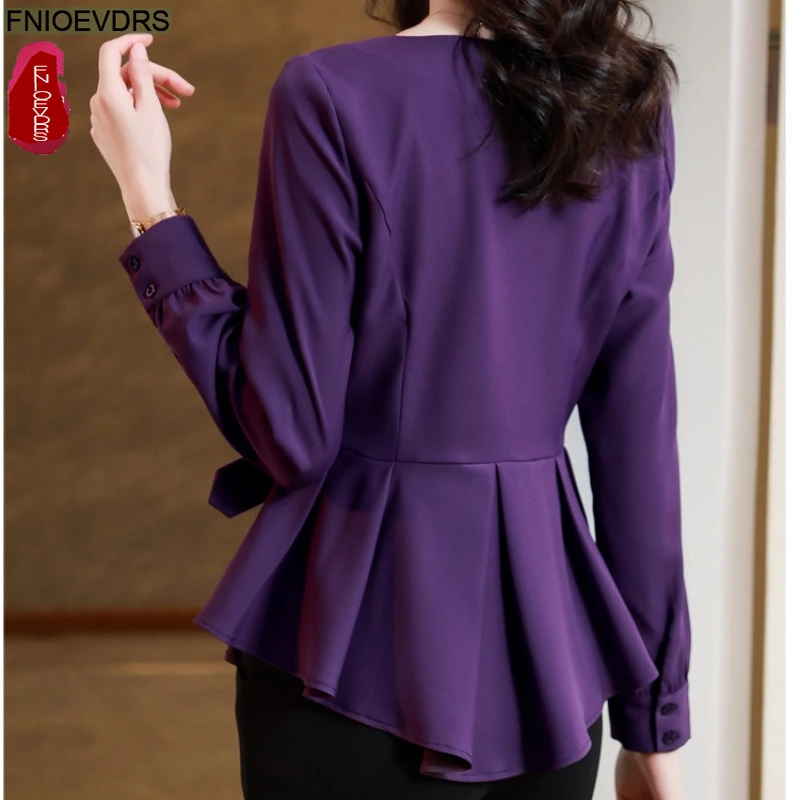 우아한 퍼플 탑 블라우스 새해 패션 여성 오피스룩 솔리드 긴팔 V넥 슬림 웨이스트 벨트 레이스업 베이직 셔츠