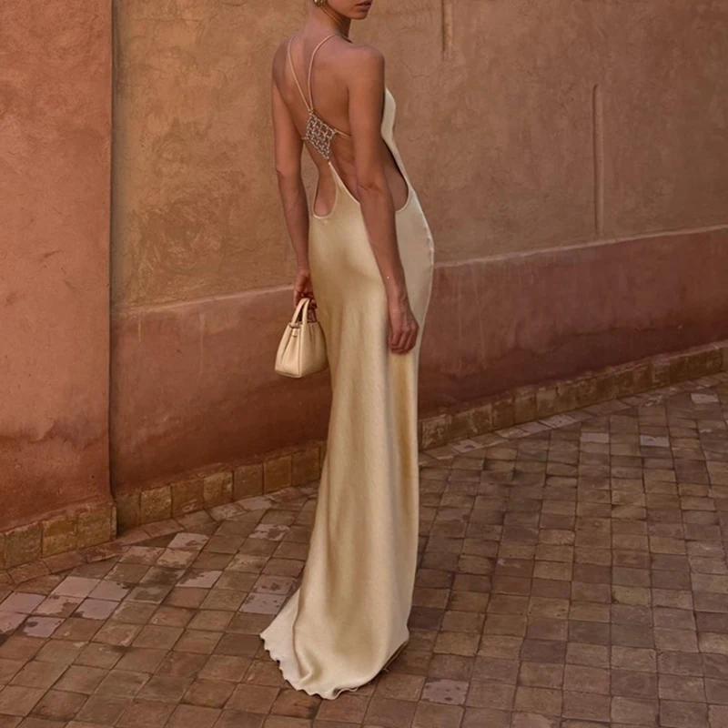 Simple Fashion Solid Slim Bodycon Maxi Dress Women Spring Halter Backless Criss-cross Party Dress Summer Sleeveless Hollow Dress