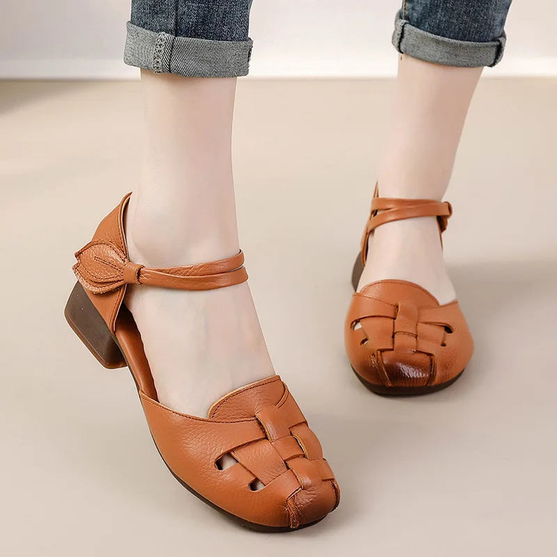 

2024 New genuine leather sandals women summer woven gladiator roman shoes ladies hook loop ankle strap sandal block heels woman