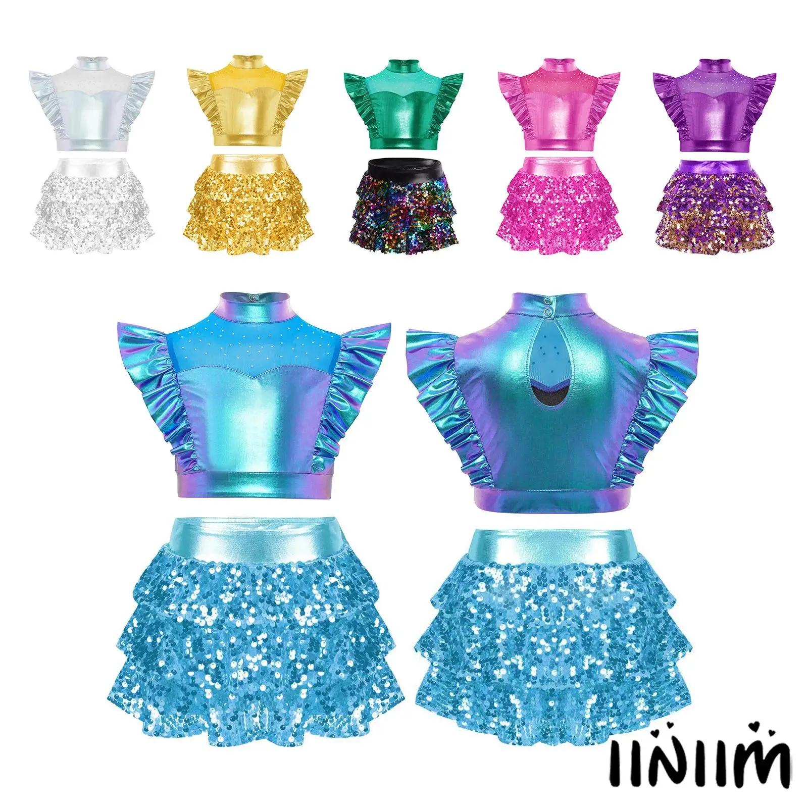 

‌Kids Girls Sparkly Dance Culottes with Mock Neck Crop Top Metallic Shiny Sparkling Rhinestones Hip Hop Jazz Dance Costume Set