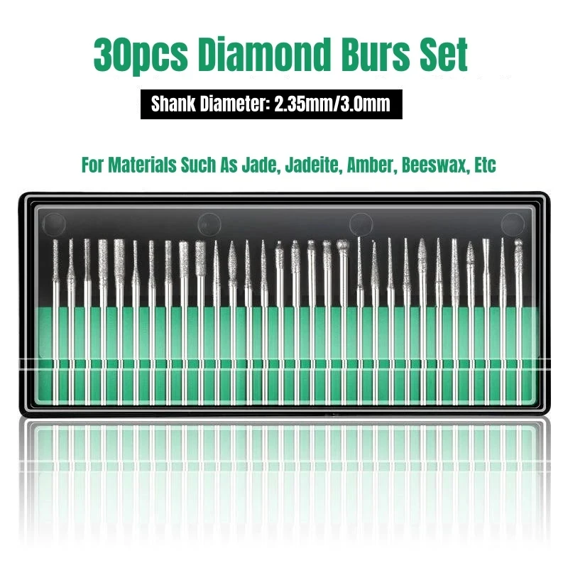 

30-Piece Diamond Burr Set with Box for Dremel Electric Grinders, 2.35/3mm Shank Abrasive Drill Bits Rotary Tool Accessories