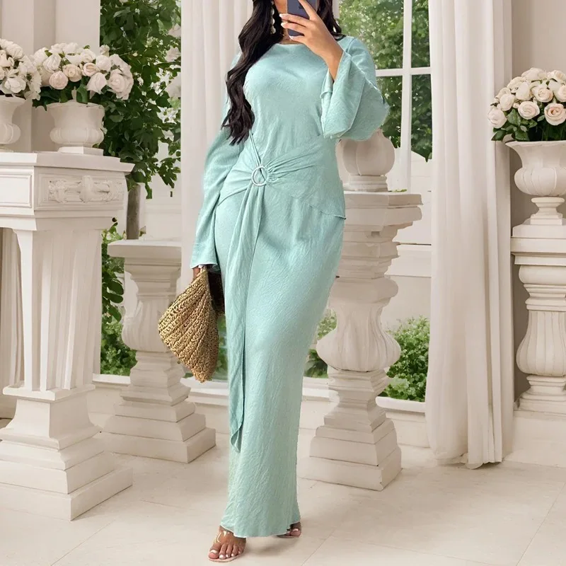 

Elegant High Waist Folds Long Maxi Pink Dresses for Women 2025 Chic O-neck Long Sleeve Tunics Slim Solid Party Evening Dress