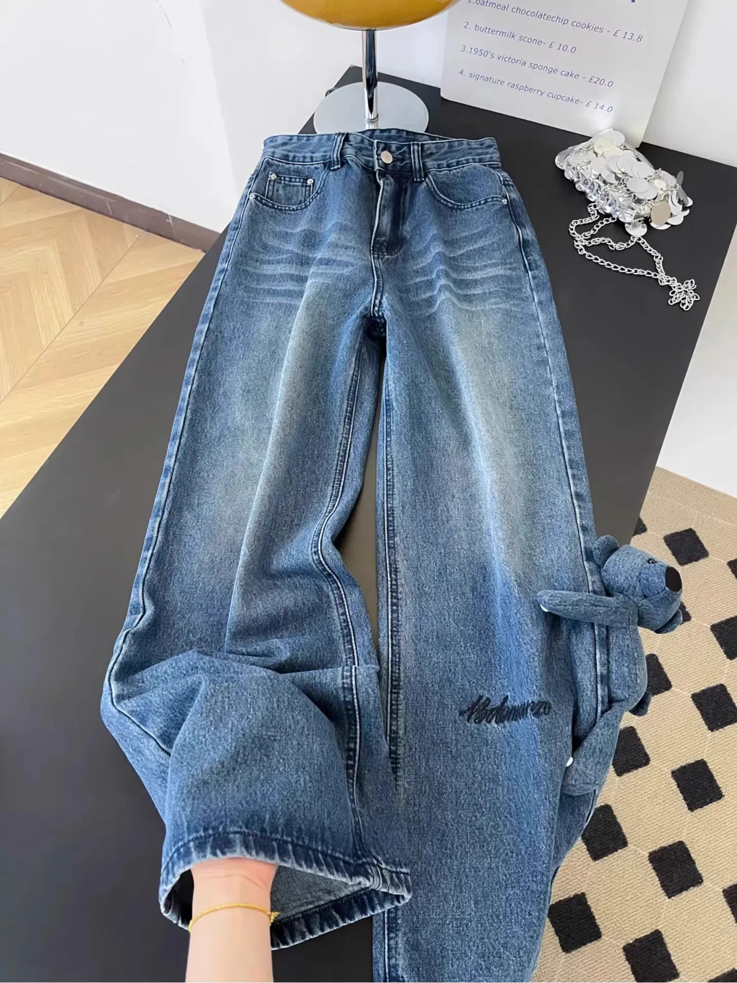 

Retro American Waed Letter Embroidery Jeans High Waist Straight Leg Pants Women's Summer Faion Versatile Personalized