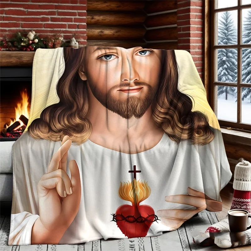 Sacred Heart of Jesus Christ Religious Christian Flannel Throw Blanket,Catholic Faith Portrait Soft Blanket for Religious Faith