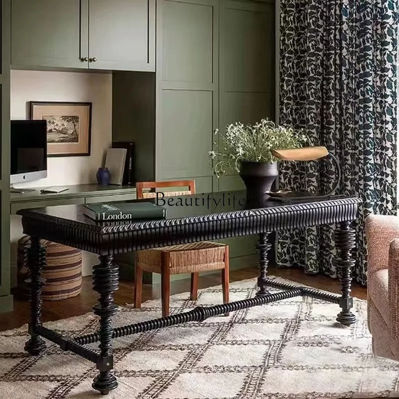 

French American simple solid wood desk carved black dining table office computer desk