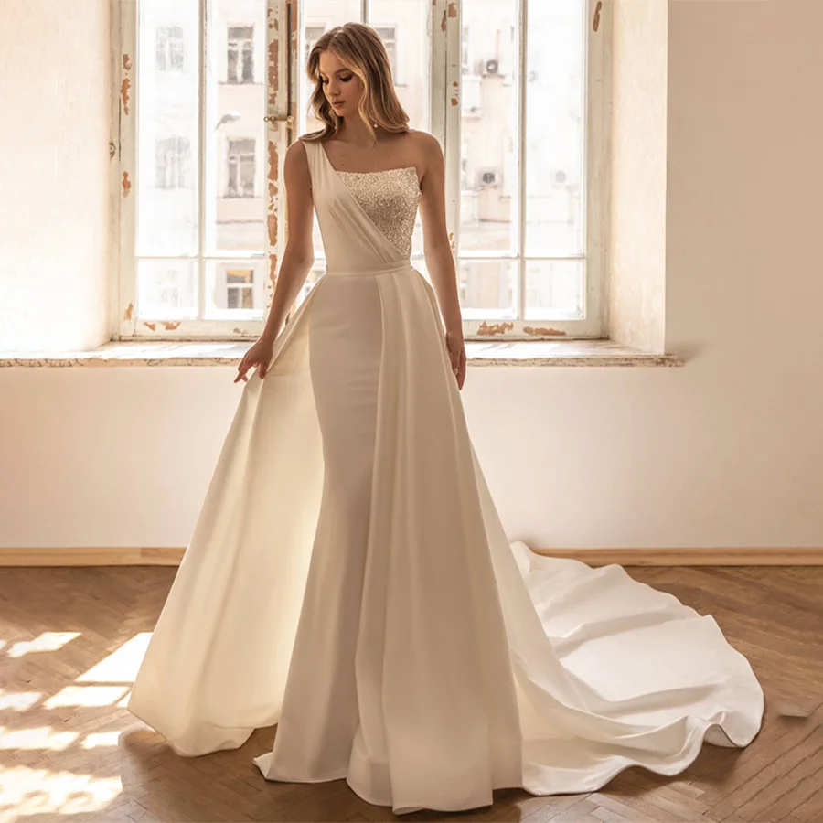 

One-Shoulder Top Beads Fabric Sleeveless Satin Wedding Gown Backless Side Zipper Designs Bridal Gown