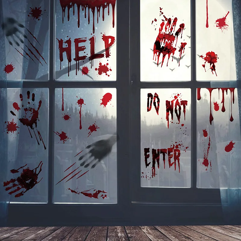Halloween Window Sticker Scary Ghost Shadow Bloody Handprint Blood Splatter Decals Window Static Haunted House Decor