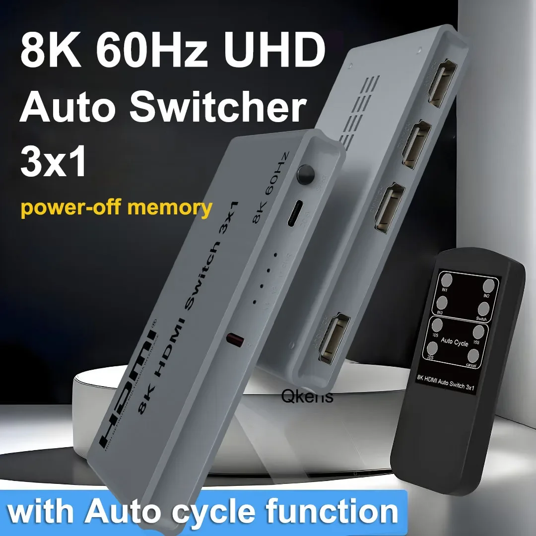 8K 60Hz 3x1 Auto Switch Cycle Display HDMI 2.1 4K144Hz 3 in 1 Out HDMI Switcher Video Converter with Power-off Memory Function