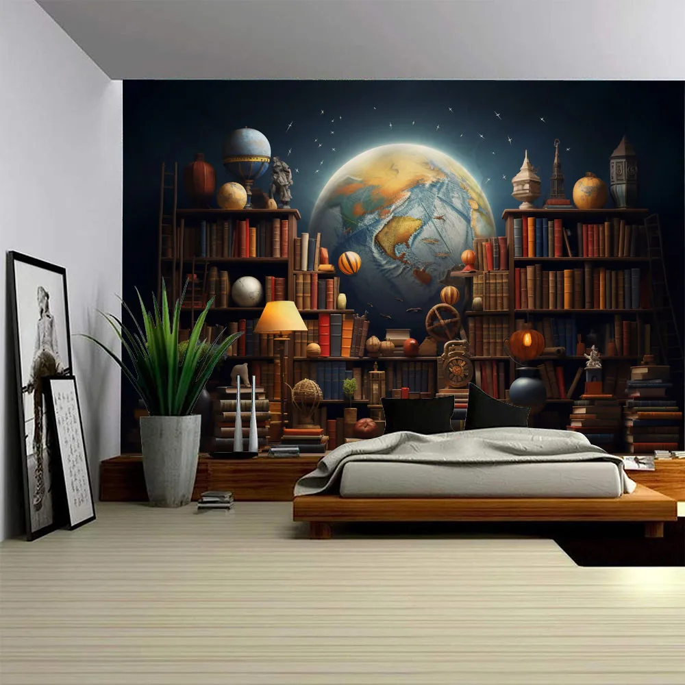 

Dreamy bookshelf tapestry available in multiple sizes, retro wall mounted aesthetic art background fabric, home decoration