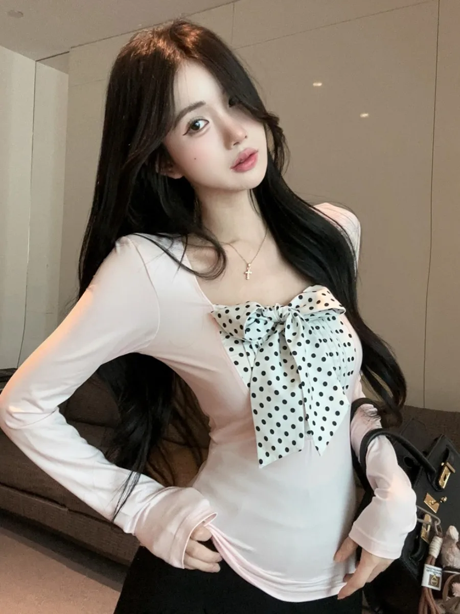 

Облегающий длинный топ с цветочным принтом в горошек и узлом на талии для женщин, повседневная носка, весна 2026