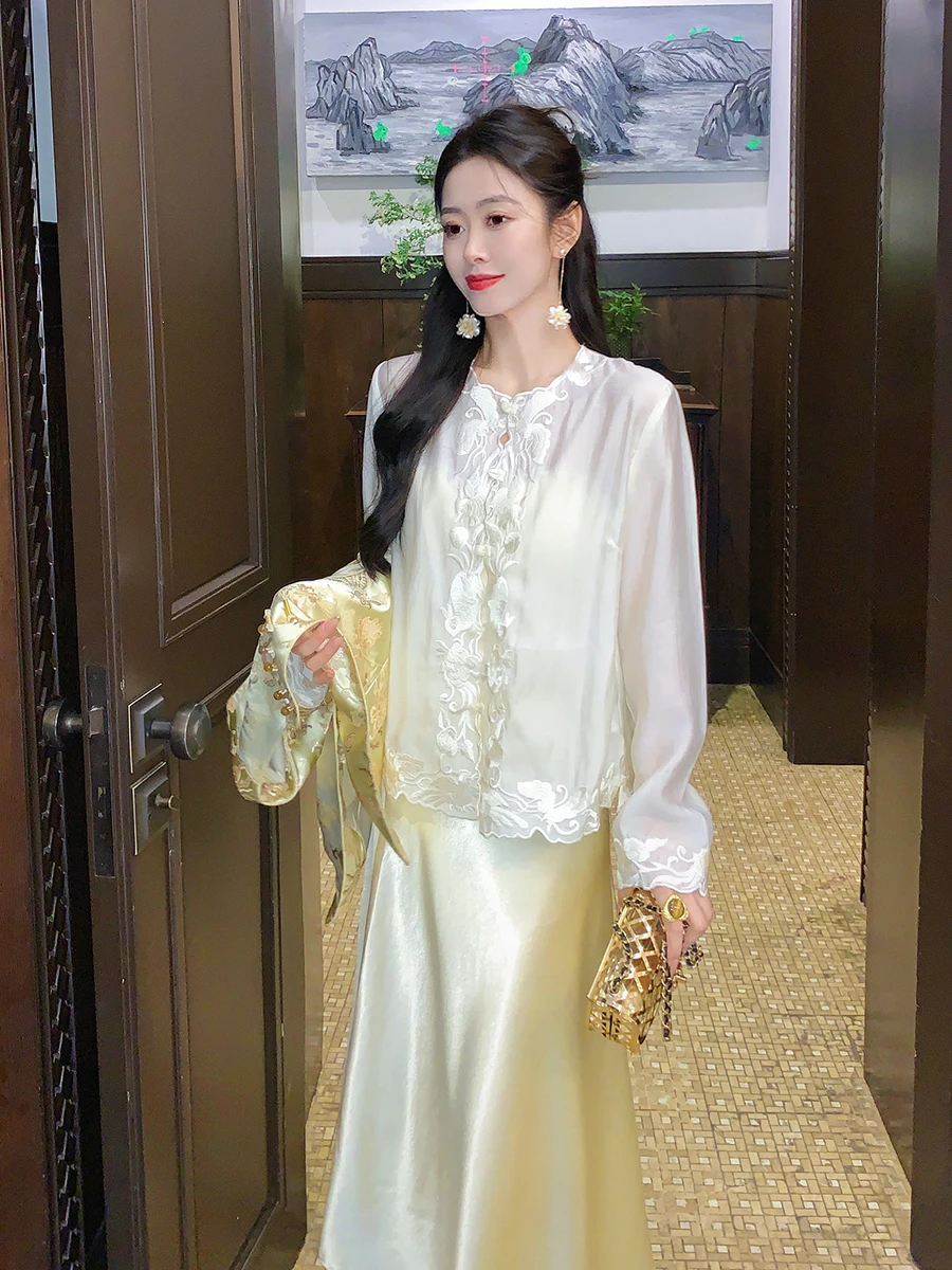 

Commute Long Sve Thin Chiffon irt Embroidered Flase Top Women's Spring Summer Faionable Office Wear