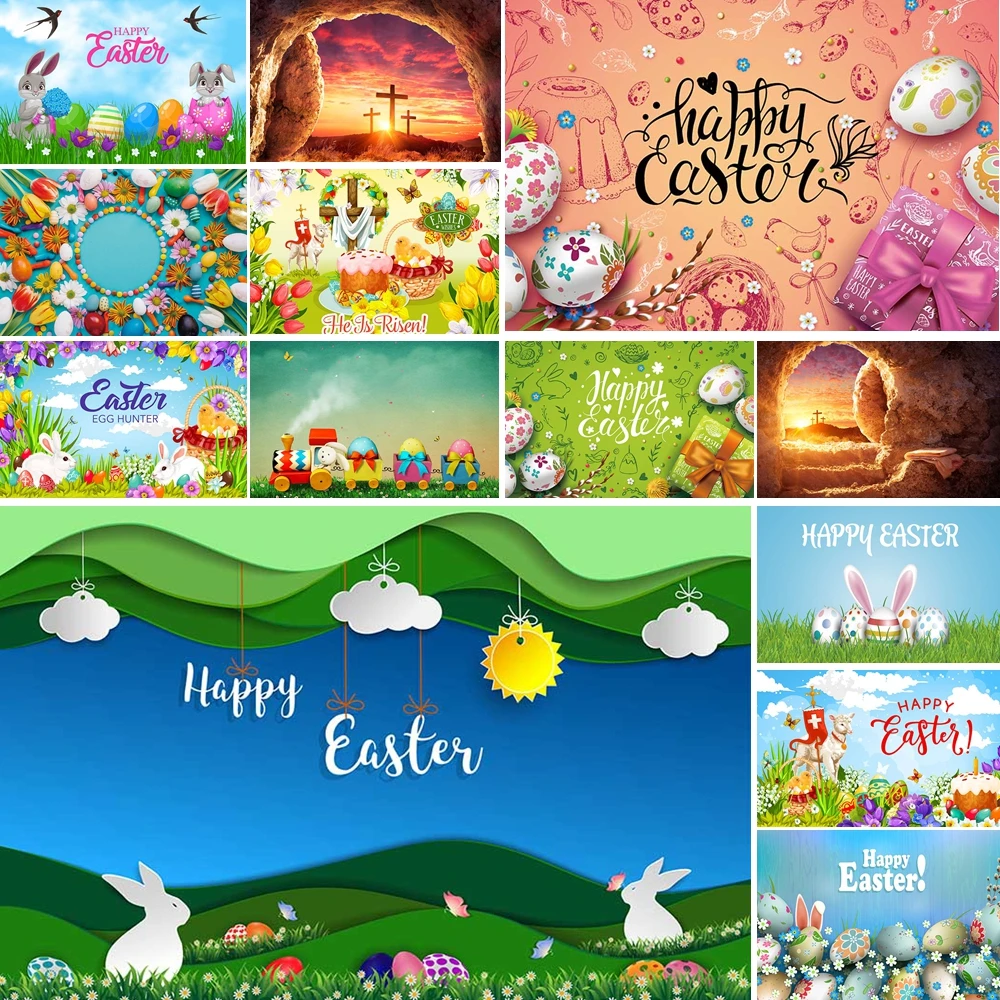 

MOON.QG Happy Easter Scene Backdrop Decorated Eggs Religious Photo Background Child Photography Accessories Wallpaper Poster