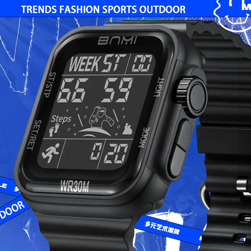 สแควร์นาฬิกาผู้ชายขนาดใหญ่นาฬิกาอิเล็กทรอนิกส์อเนกประสงค์กันน้ําปฏิทินส่องสว่างจอแสดงผล LED นาฬิกานักเรียน