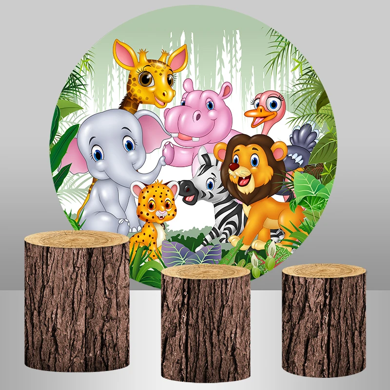 Cartoon Animals Boys Safari Jungle Birthday Party Round Backdrop Cover Kids Wood Plinth Covers Background Customized