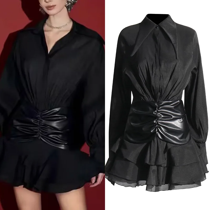 

Female New Solid Patchwork Leather Dresses For Women Lapel Long Sleeve High Waist Spliced Folds Elegant Mini Dress