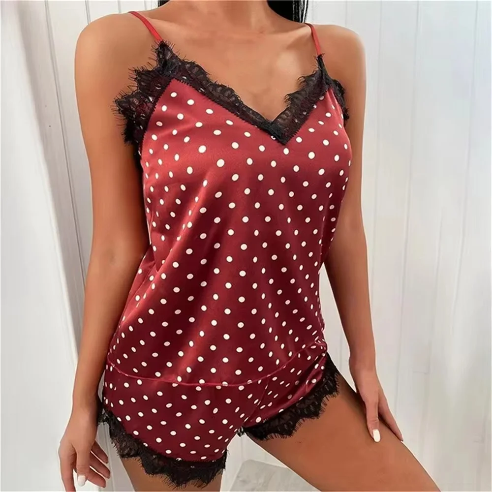 Two Piece Summer Women\'s Lace Suspender Set Women\'s V-Neck Printed Polka Dot Sexy Lace Top and Shorts Pajama Set