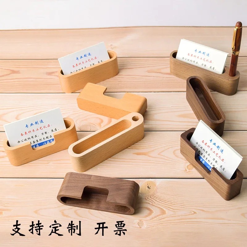 

2023 New Wood Business Card Holder with Pen Slot for Desk Wooden Display Business Memo Pad Cards Stand Box for Office Tabletop