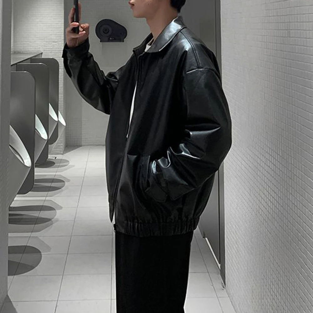 Mens Y2k Loose Leather Jacket Fashion Trend Heavy Pu Motorcycle Mens Tops New Autumn And Winter Elegant Handsome Casual Jacket