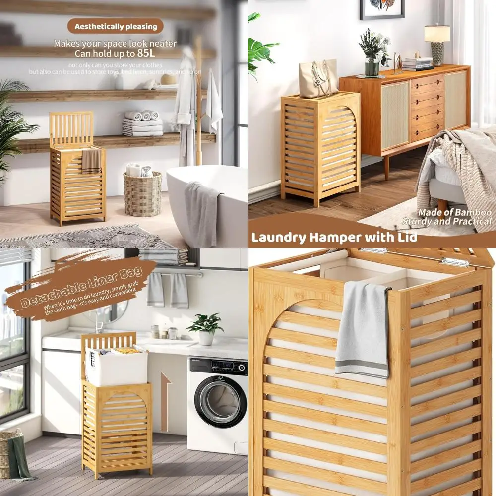 

Large 85L Bamboo Laundry Hamper with Lid and Removable Bag, Ideal Storage Basket for Clothes and Bathroom (Natural)