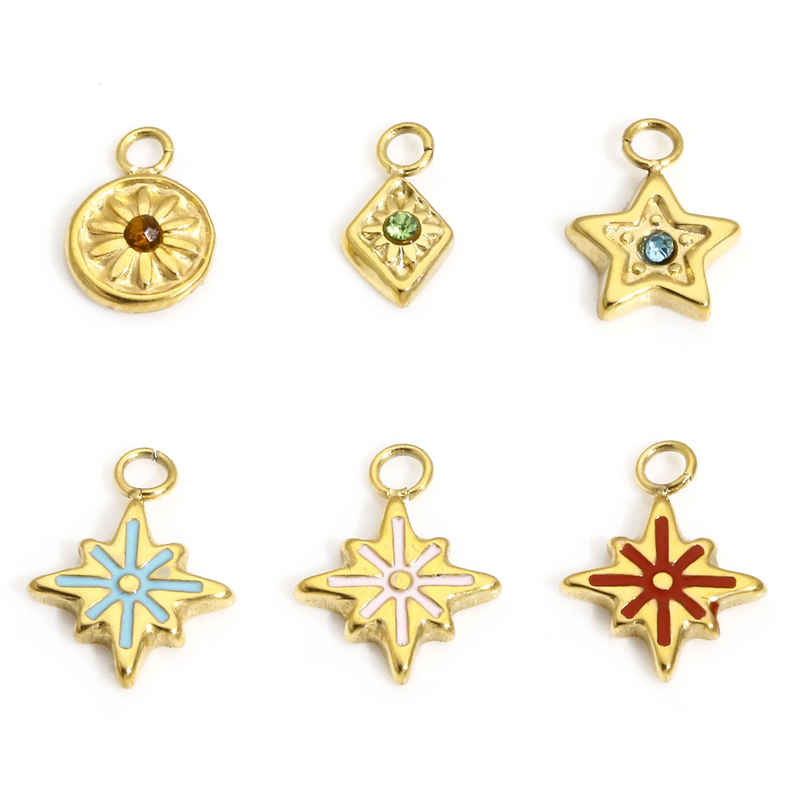 1pc 304 Stainless Steel Galaxy Charms Gold Color Round Star Enamel Multicolor Rhinestone Pendant DIY Necklace Jewelry Findings