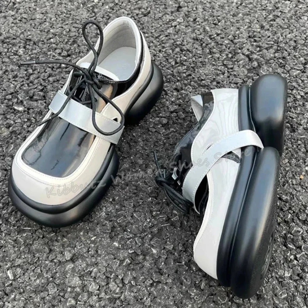 

Mary Jane Pumps Patchwork Genuine Leather Hook & Loop Elegant Fashion Concise Sexy Outdoor Sports Round Toe Chunky Heels Shoes