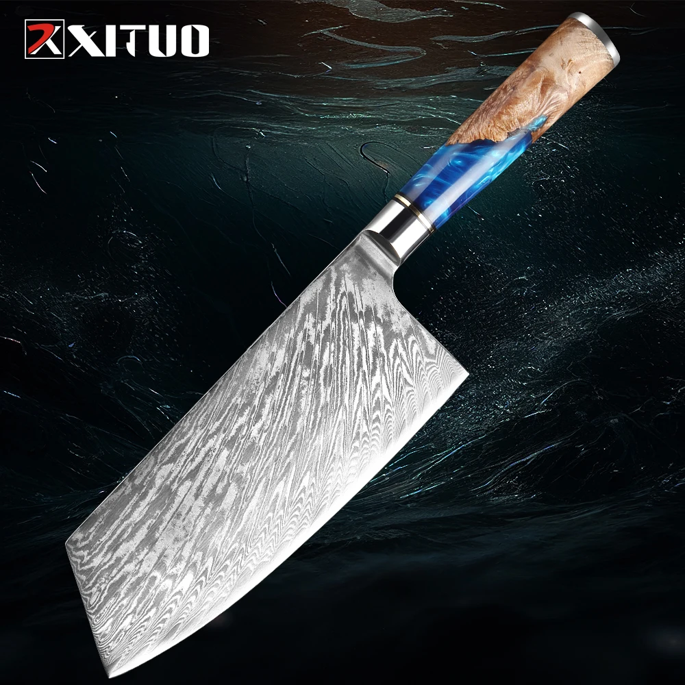 Xituo 7.5 Inch Nakiri Chef Knife Damascus Japanese Kitchen Knife Slicing Meat Vegetable Cleaver Butcher Knife Blue Resin Handle