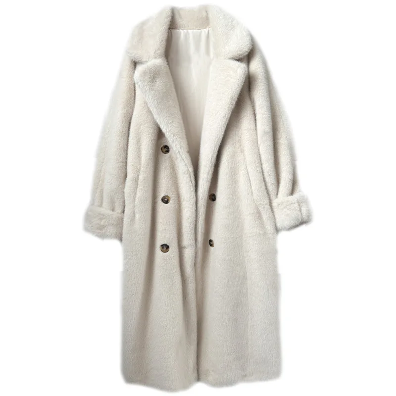 Long Faux Fur Coat Women Autumn Winter Large Jacket Overcoat White Turn Down Collar Pockets Thick Coat Warm Jackets Maxi Coats