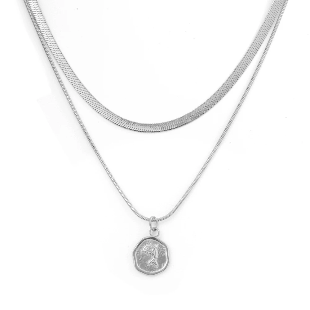 أسلوب بسيط للغاية للنساء من الفولاذ المقاوم للصدأ الفضي بطبقة مزدوجة وسلسلة ثعبان مسطحة على شكل محيط هدية مجوهرات نسائية عصرية