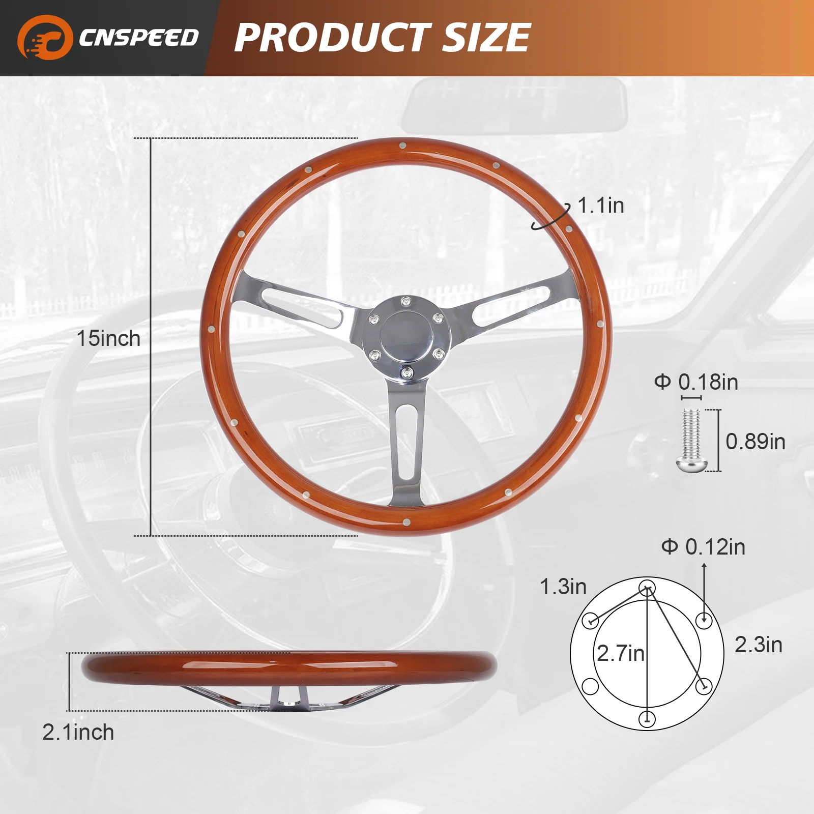 380mm Riveted Classic Wood Steering Wheel Real Wooden 15inch With Horn Button Long Hole Chroming Spoke Car Racing Steering Wheel