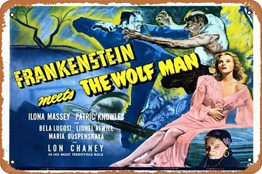 1p,Metal Tin Sign ch - Frankenstein Meets the Wolf Man, Ilona Massey, Maria Ouspenskaya, 1943 - Poster Metal Plaque Cafe, Bar, H