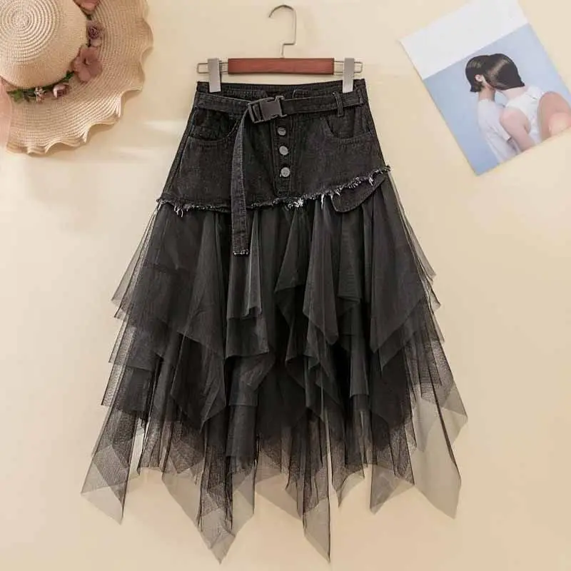 Y2k High Quality Women Denim Mesh Patchwork Lace Skirt High Waist A Line Asymmetric Frill Tulle Gothic Chic Skirts Faldas Mujer