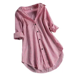 For Women'Spring Autumn New Striped Printed Long Sleeved Shirt Fashion Slim Mid Length Female Office Shirt