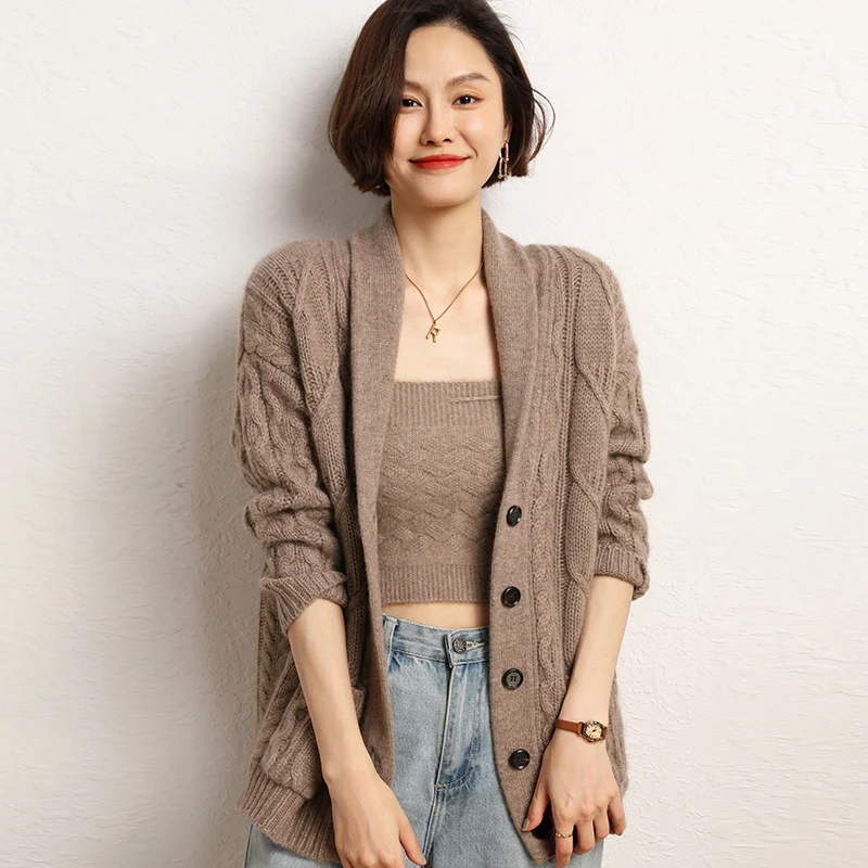 2023 Autumn Winter New 100% Cashmere Cardigan Knitted Sweater Women\'s Loose Large Size Cardigans Female Solid Thicken Warm Coat