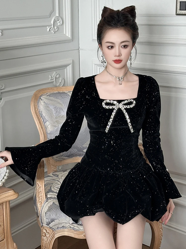 Mulheres roupas de noite retro preto brilhante sexy pescoço quadrado magro vestido curto elegante senhora festa baile aniversário outono inverno