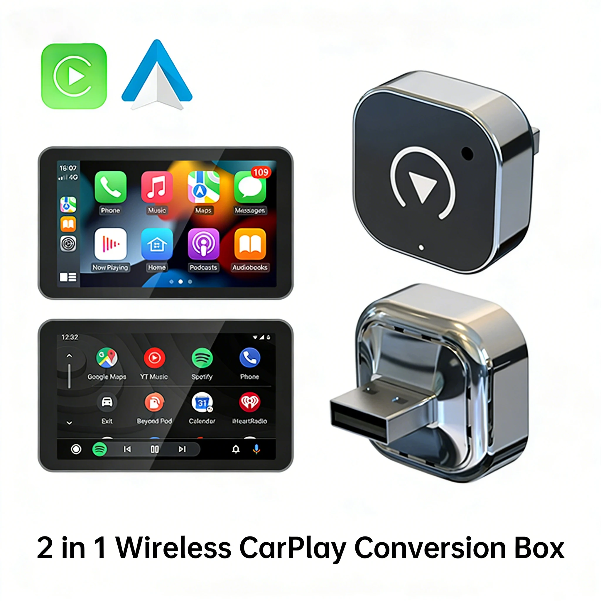 

Адаптер CarPlay для автомобиля: проводной в беспроводной, 2-в-1, Android Auto, Smart AI Box, высококачественные автомобильные аксессуары, интеллектуальная система CarPlay