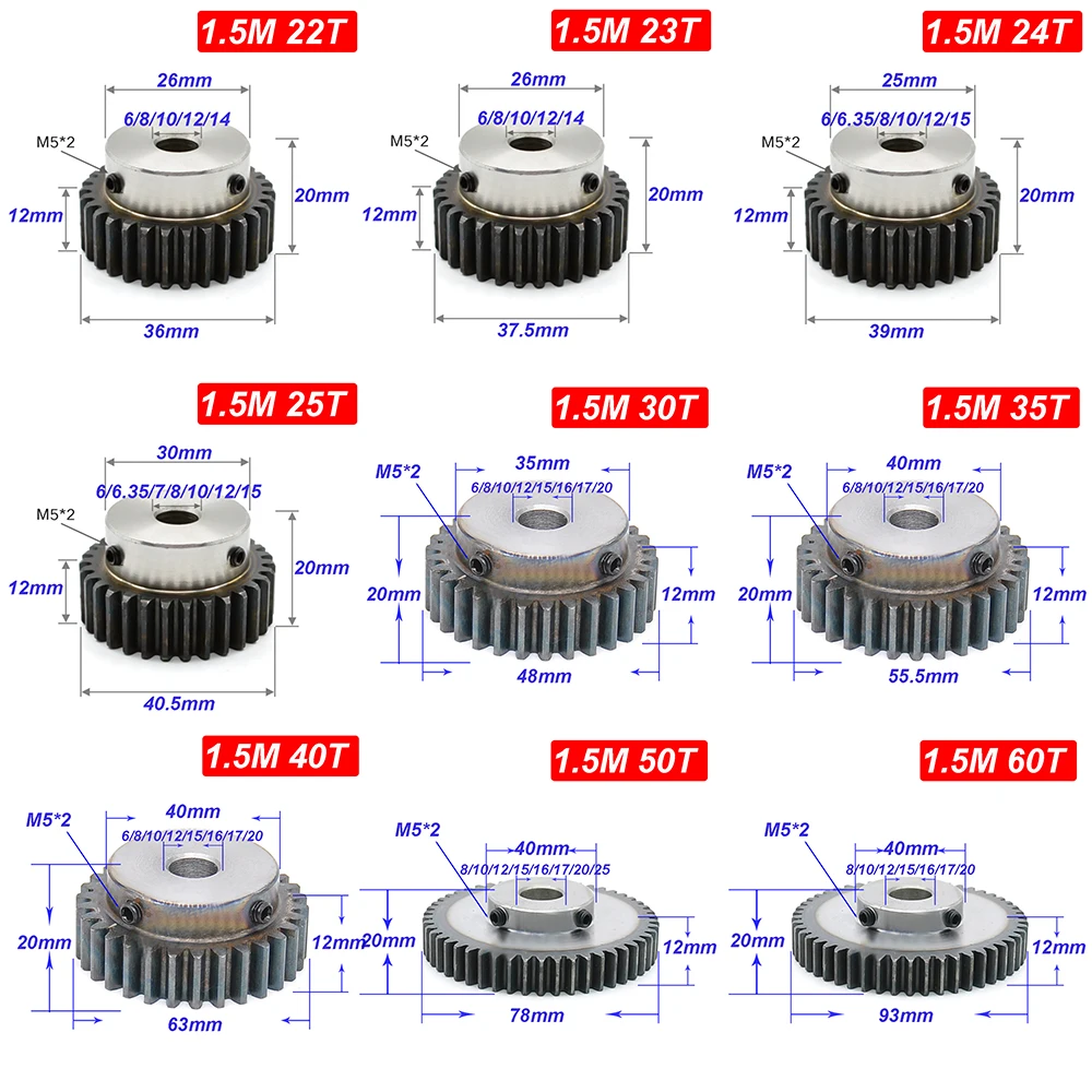 1.5 M Mod ingranaggio cilindrico 12/14/15/16/17/18/19/20/21/22/23T pignone ingranaggi motore accessori di trasmissione 45 # denti in acciaio