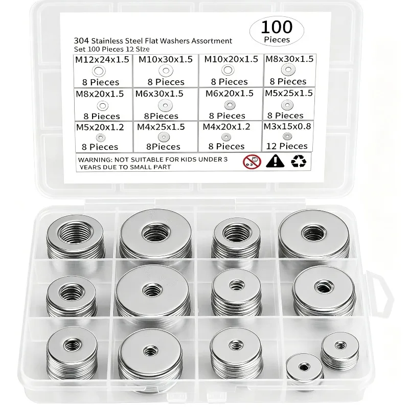 304 Stainless Steel Flat Washers 100Pcs M3-M12 Mixed Sizes Hardware Bolts Screws Machine Repair Surface Damage Protection