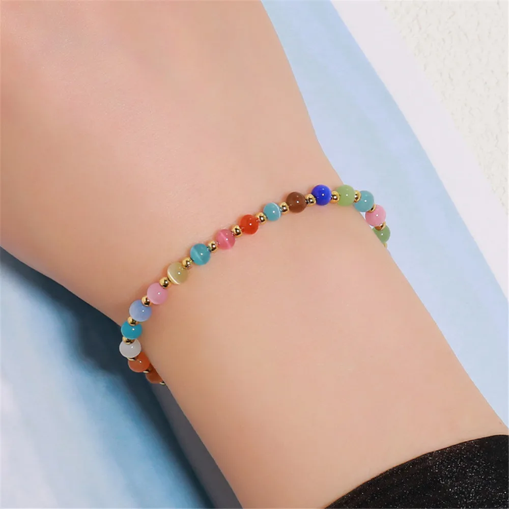 Handmade Colored Cat Eye Stone Ladies Adjustable Bracelet Versatile Beaded Stainless Steel Romantic Multi Color Healing Jewelry