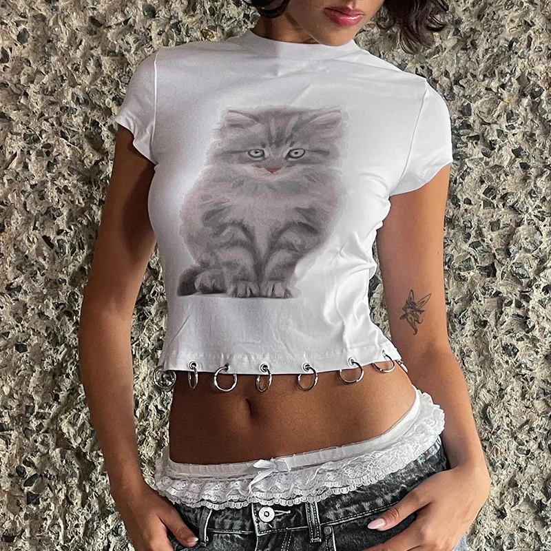 Cat Printed Ring Casual T Shirt Women Y2k 2024 Summer Soild Round Neck Short Sleeve Slim Fit Crop Tops Y2k Harajuku Streetwear